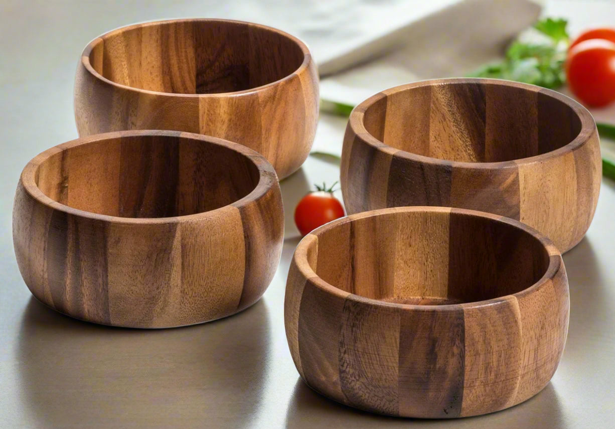 Premium Acacia Wood Salad Bowl Set of 4 – Handcrafted Serving Bowls