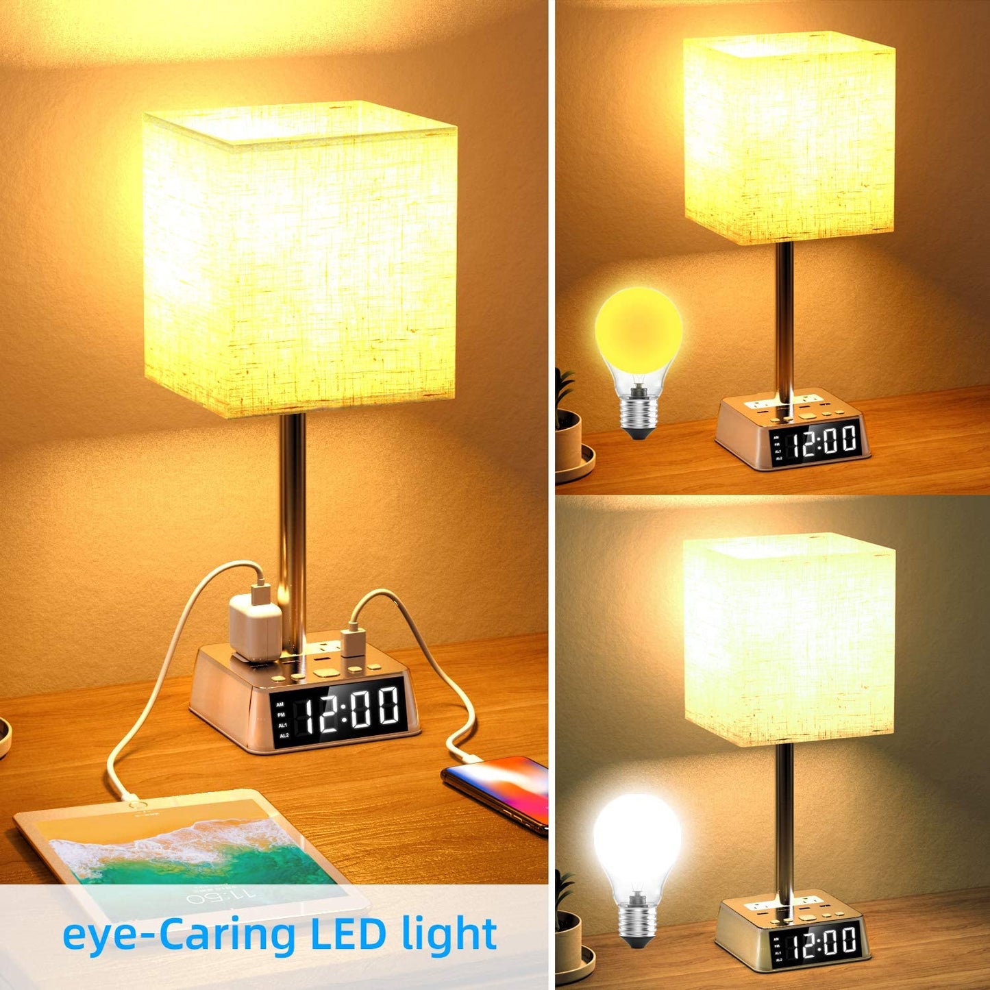 Modern Bedside Table Lamp with Alarm Clock, 4 USB Charging Ports & AC Power Outlets