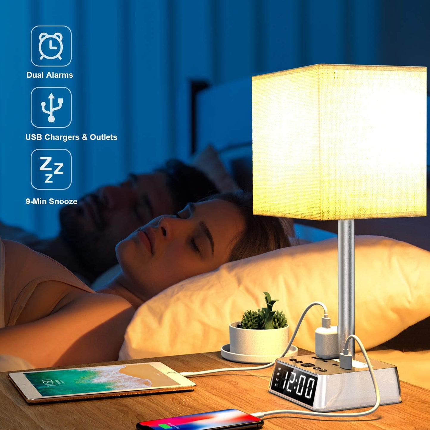Modern Bedside Table Lamp with Alarm Clock, 4 USB Charging Ports & AC Power Outlets