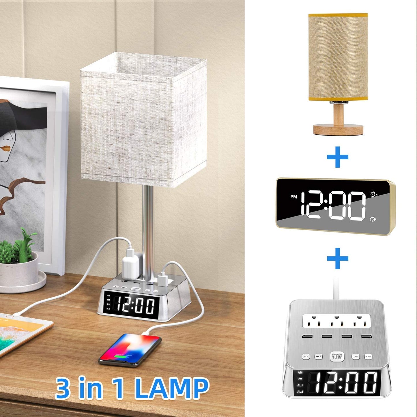 Modern Bedside Table Lamp with Alarm Clock, 4 USB Charging Ports & AC Power Outlets