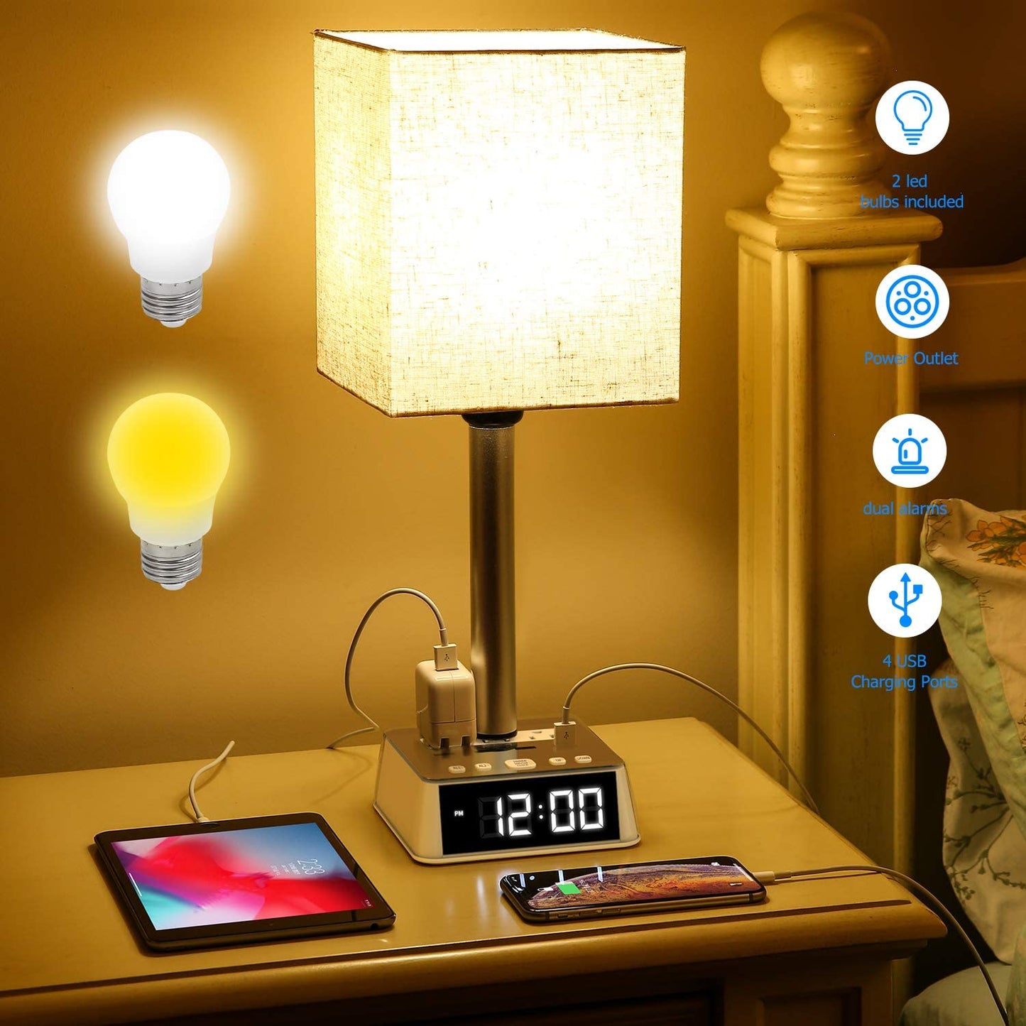 Modern Bedside Table Lamp with Alarm Clock, 4 USB Charging Ports & AC Power Outlets
