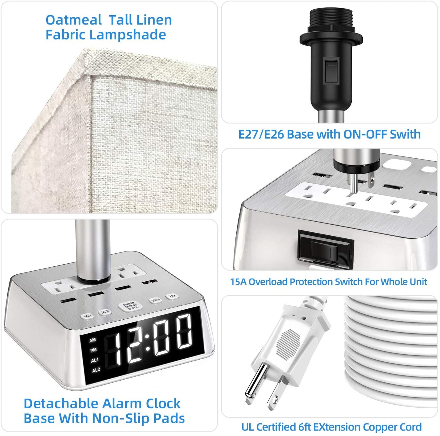Modern Bedside Table Lamp with Alarm Clock, 4 USB Charging Ports & AC Power Outlets