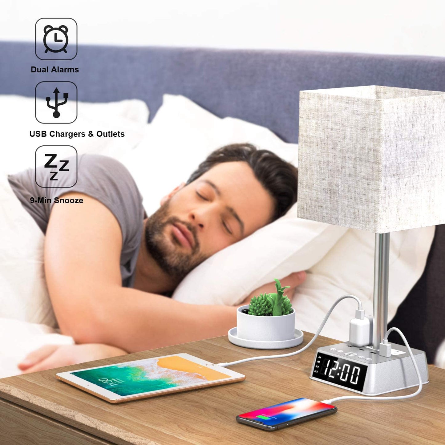 Modern Bedside Table Lamp with Alarm Clock, 4 USB Charging Ports & AC Power Outlets