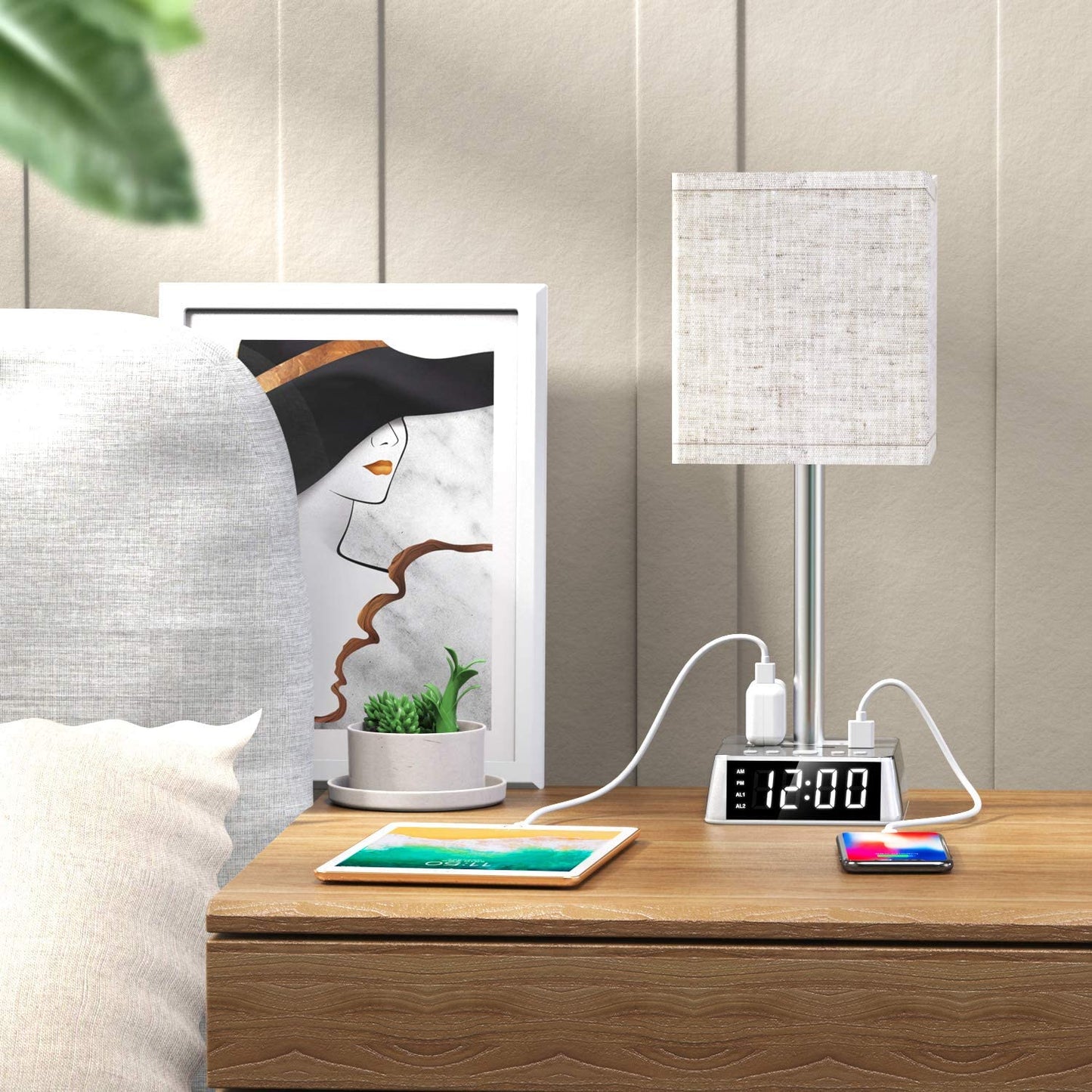 Modern Bedside Table Lamp with Alarm Clock, 4 USB Charging Ports & AC Power Outlets