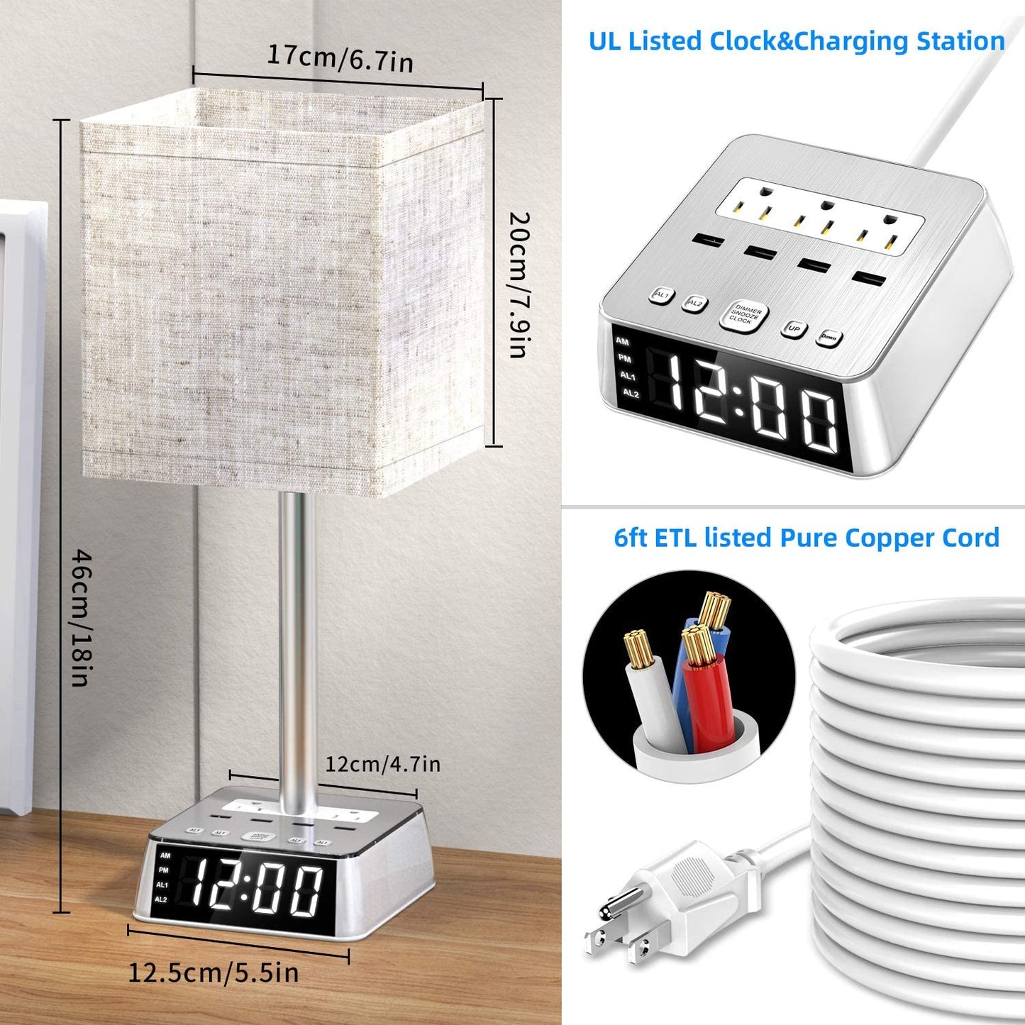 Modern Bedside Table Lamp with Alarm Clock, 4 USB Charging Ports & AC Power Outlets