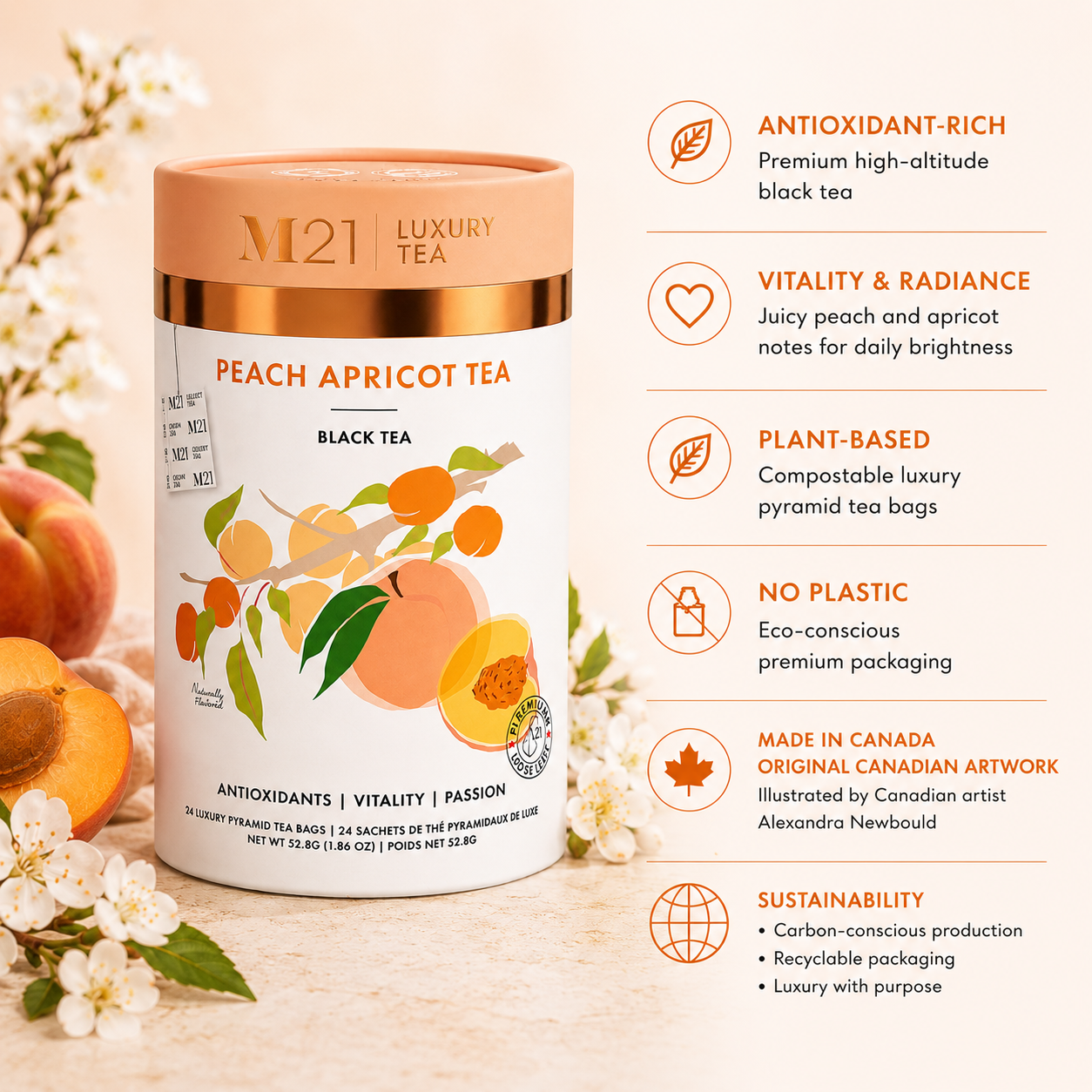 Peach Apricot Luxury Black Tea – Premium Canadian Blend | 24 Tea Bags