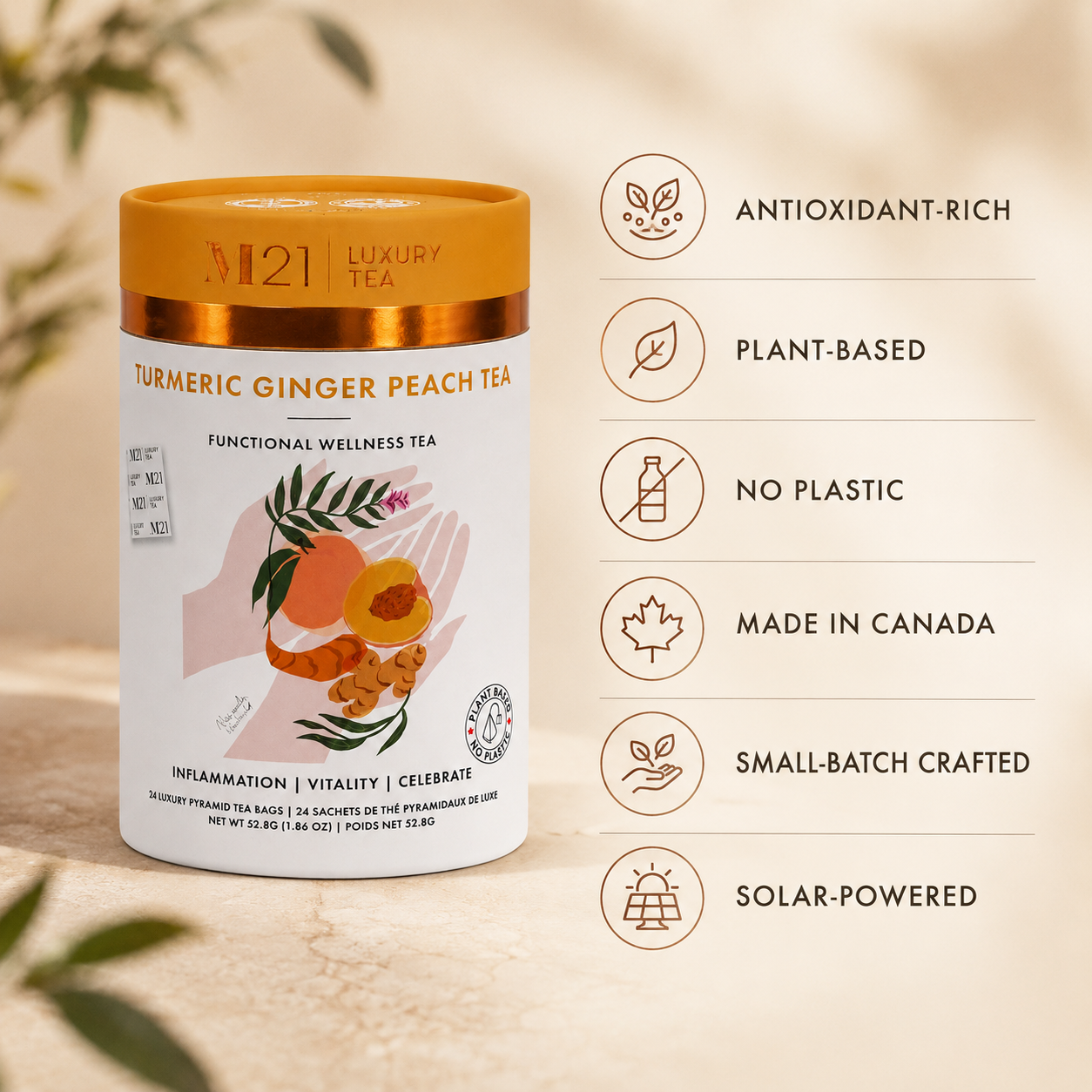 Turmeric Ginger Peach Luxury Tea | Premium Canadian Herbal Tea – 24 Tea Bags