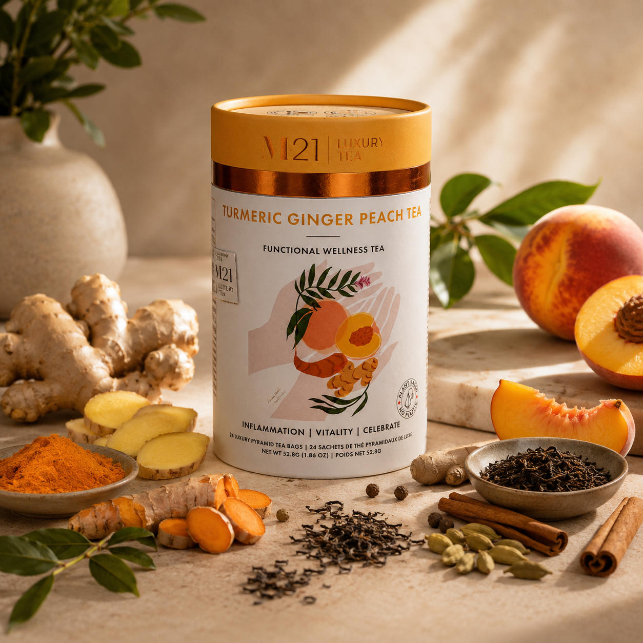 Turmeric Ginger Peach Luxury Tea | Premium Canadian Herbal Tea – 24 Tea Bags